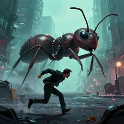 a man being chased through a ghost city by a huge ant, made by stanley artgerm lau, wlop, rossdraws, artstation, cgsociety, concept art, cgsociety, octane render, trending on artstation, artstationhd, artstationhq, unreal engine, 4 k, 8 k,