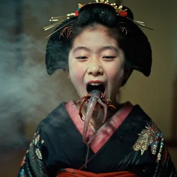 realistic portrait photography of a japanese geisha 3 5 years old mouth open by daikichi amano, eels cockroachs worms squid coming out of the mouth, cinematographic, cinematic light, grainy image, intense, a bit of smoke and fog around, filth and grim, 8 0 mm lens,