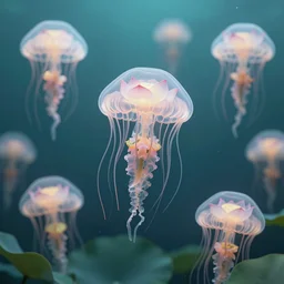 lots of lotus swimming underwater like a jellyfish, transperent jellyfish head covers with the lotus flower, tentacles with lotus, photographic, cinematic, photorealistic, volumetric lighting, detailed, smooth, artstation, octane render, wolp