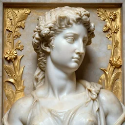 symmetrical close - up woman portrait shiny polished marble intricate statue by michelangelo buonarroti and by gian lorenzo bernini, partially gold plated vegetation bas relief, ultra - detailed flash studio photograph