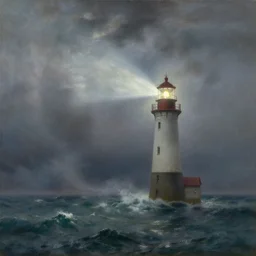 Lighthouse in a stormy atlantic ocean, light beam shining through the fog, oil-on-canvas by Ivan Aivazovsky