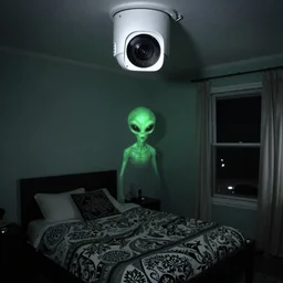 night vision surveillance camera footage of alien in bedroom at night