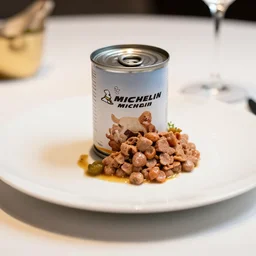 canned dog food on a plate, gourmet michelin restaurant, food photography, DOF