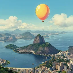 a perfect picture of balloon over Rio de janeiro by studio Ghibli. Trending on art station and favorites on DeviantArt . Masterpiece and epic
