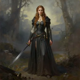 a full body high detail fantasy portrait oil painting illustration of a single beautiful bard woman by justin sweet and artgerm with face and body clearly visible, in a scenic background, pretty eyes, realistic proportions, d & d, rpg, forgotten realms, artstation trending, high quality, sombre mood, artstation trending, muted colours, entire person visible!