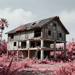 a beautiful photorealistic render of architecture unfinished building abandoned urbex housebarn by daniel burnham, nature reclaimed by nature steampunk vice city infrared, archdaily, wallpaper, highly detailed, trending on artstation.