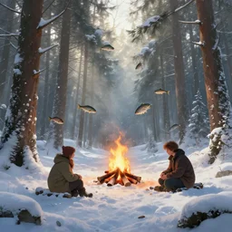 snowy forest clearance with sunrays shining through the trees and a campfire in the middle fish flying around it, fantasy world, masterpiece, professionally retouched, soft lighting, digital painting, artstation, concept art, smooth, sharp focus, illustration, unreal engine 5, 8 k, art by artgerm and greg rutkowski and alphonse mucha