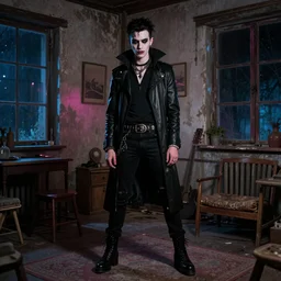 cobie smulders posing as a vampire in punk clothing in a rustic apartment lit by neon light during night