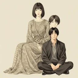 concept art, pretty woman with man sitting, biege background, junichi higashi, isamu imakake, intricate, balance, ultra detailed, full far frontal portrait,