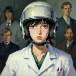 Portrait of a mad crazy woman Scientist with helmet,  very coherent, painted by Edward Hopper, Wayne Barlowe, painted by James Gilleard, airbrush,  art by JamesJean and  fine details. Anime. realistic shaded lighting poster by  Ilya Kuvshinov katsuhiro otomo ghost-in-the-shell, magali villeneuve, artgerm, Jeremy Lipkin and Michael Garmash and Rob Rey