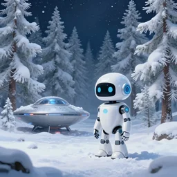 a small glossy white cybernetic robot stands on the snowy ground next to a ufo in a forest of white fir trees at night. snowing. cyril roland naomi okubo. trending on artstation. digital painting.