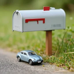 a tiny car next to a mailbox