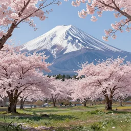 a real photographic landscape painting with incomparable reality, wide angle, in forest, flowers, cherry blossom tree in full bloom, bright style, mount fuji, clearing, magnificent, artstation
