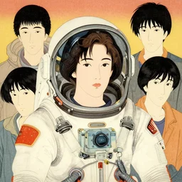 a portrait of young sigourney weaver from the movie alien in a spacesuit by shin hanga and kawanabe kyosai and katsuhiro otomo. ukiyo - e shohei otomo and satoshi kon, and greg rutkowski weta studio and lucasfilm, woodblock print, coherent, behance, global illumination, golden ratio, flat colors, thick black outlined,