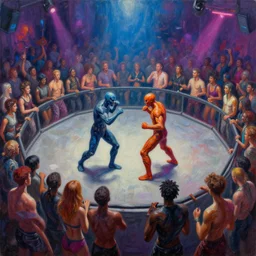 palette knife oil painting of a crowd of clubbers surrounding two supernatural fighters in a concave circular fighting pit. concrete, psychedelic lighting, extreme detail, artstation trending, artgerm, any racial background, deviant art, octane, substance, art history 8 k