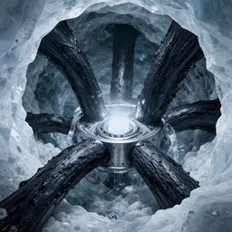 liquid nitrogen and with black water-cooling coolant flowing through latent representations of ice caverns by centrifugal forces, high detailed, high contrast, geometric elements, trending on artstation, octane render, subsurface scattering, 4k