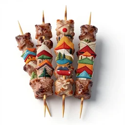 embroidered kebab skewers, stylized 3d render, isolated on a pure white background, centered, entire object in frame, sharp focus, soft studio lighting