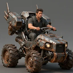 a concept art illustration, portrait, close up shot, a man riding a large mechanical rusty vehicle, megafauna, biome style by dylan cole and feng zhu and wlop, unreal engine, trending in artstation, octane render