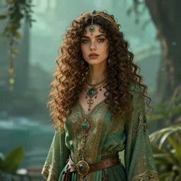 🍃 🌊 curly haired beautiful girl vintage arabian gothic, style artstation, style greg rutkowsk, octane render, unreal engine 6, epic game graphics, fantasy, cyberpunk, conceptual art, ray tracing