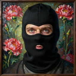 white man wearing black balaclava, balaclava covering face, highly detailed face, haunting eyes, close up, by gustave dore. back glass painting, carnation, encaustic painting, b - roll, establishing shot, dappled light, crime scene photography, 8 k, vray, unreal engine, blender cycles, colorful