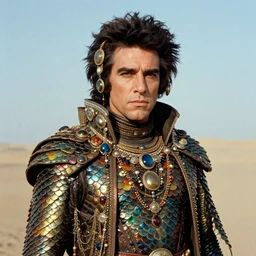 Jodorowsky's Dune movie, Marlon Brando as Baron Harkonnen, mail coif!!! and outfit covered in colorful scales and jewels, cinematic, cinestill 400t film