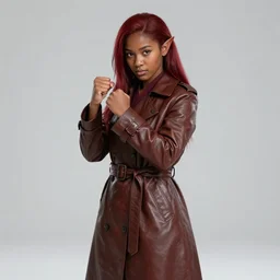 portrait of beautiful half elf monk, female teenager, brown skin, red hair, fisting, leather trench coat, badass, high fantasy, dnd, smooth, sharp focus, illustration, by rossdraws, alphonse mucha, frank fanzzeta, collectible card art