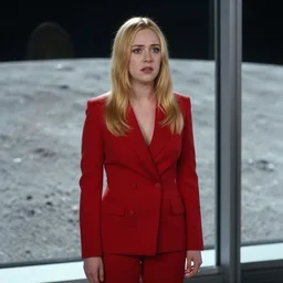a medium full shot detailed portrait photograph by annie leibovitz of dakota fanning looking anxious in a tailored red suit standing next to a plate glass window. outside we see the surface of the moon. sci fi, futuristic, cinematic, soft lighting, sci fi, bladerunner, canon eos r 3, f / 3, iso 2 0 0, 1 / 1 6 0 s, 8 k, raw, unedited