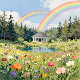 sanctuary in colorful flower meadow near a forest with a rainbow pond, double rainbow in the sky, watercolor painting