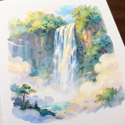 dreamscape architect, illustration of waterfall with clouds, pastel, lush trees, style of atlantis the lost empire, style of disney, white paper, gold layers, clear edges, style of studio ghibli, in the style of fenghua zhong and ruan jia and jeremy lipking and peter mohrbacher, mystical colors, rim light, beautiful lighting, 8 k, stunning scene, raytracing, octane, trending on artstation
