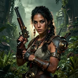 portrait of a young very beautiful cute tribal woman with a steampunk gun, post apocalyptic city overgrown with lush vegetation, by Luis Royo, by Greg Rutkowski, dark, gritty, intricate, highly detailed face, backlit, strong rimlight, cover illustration, concept art, volumetric lighting, volumetric atmosphere,sharp focus, octane render, trending on artstation, 8k