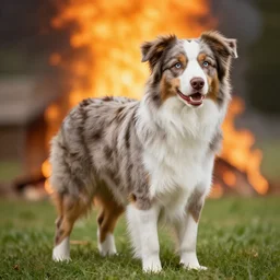 australian shepherd being a good boy, inferno