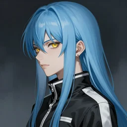 profile shot of rimuru tempest, sky blue straight hair, long bangs, gold eyes, smug, wearing a black jacket with white stripes, high collar, ultra detailed, brush strokes, digital painting, cinematic, artstation wlop, closeup, pixiv, eerie, scary, by cutesexyrobutts, yoshitaka amano, andy warhol,