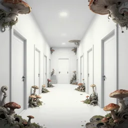 a bright white hallway with many doors and stairs full of fungus and mushrooms and rot, Mc Escher architecture, epic composition, decay, anime key visual