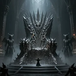 dark fantasy throne, inside the satan's hall, demon guards, ethereal, ominous, misty, 8 k, by h. r. giger and greg rutkowski, the last guardian by fumito ueda - elden ring