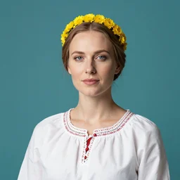 a portrait of beautiful nordic woman wearing a white folkdrakt dress and headband of small yellow flowers. teal studio backdrop, medium close - up.