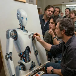 robot painting a robot on canvas, intricate, highly detailed, photorealistic, film still, by carl spitzweg, ismail inceoglu, vdragan bibin, hans thoma, greg rutkowski, alexandros pyromallis, huang guangjian and gil elvgren and sachin teng