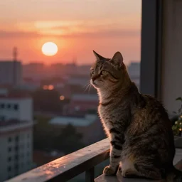 a cat on a balcony staring in the cyberpunk sunset dslr