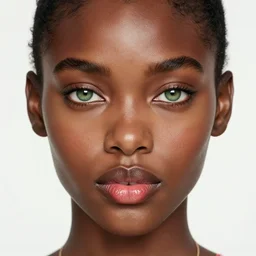 stunning goddess of strawberry portrait, dark skin and clear green eyes. realistic, symmetrical face. art by bowater charlie, mark brooks, julie bell, arian mark, tony sandoval