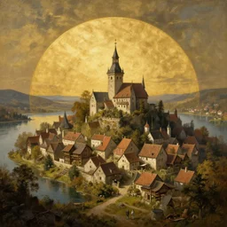 A beautiful painting of a small medieval village near a lake, dramatic composition, cinematic, concept art, golden ratio, matte painting, Marc Simonetti, Sergey Vasnev, Anato Finnstark, artstation, 8k, high resolution