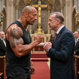 dwayne johnson fighting against recep tayyip erdoğan in a church of hell