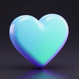 an icon of a heart in light blue, green and purple metallic iridescent material, 3D render isometric perspective on dark background