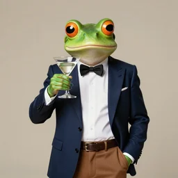 the most beautiful frog businessman wearing casual elegant suit and drinking a martini, photography, angelic detail, subsurface scattering, studio portrait, scene from cannes award winning movie