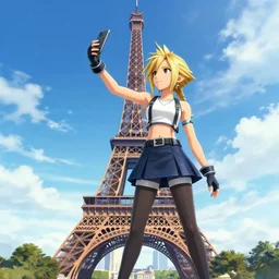 aerith taking a selfie on top of the eiffel tower, final fantasy 7, inspired by square enix
