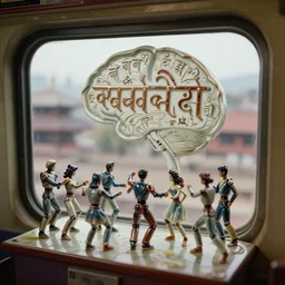 fuji gfx, 3 5 mm ; beautiful hyperrealistic film still from devanagari signs in nepal movie of traveling cyborg dance scene directed by microplastics in style of 1 9 9 0 s frontiers in miniature porcelain deep emboss macro design magazine architectural art studio devanagari seinen manga devanagari closeup portrait edition, real - life shinkansen window landscape view of porcelain wired devanagari brain map sign, highly detailed, tilt shift background