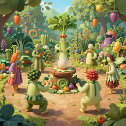 a magic garden with humanoid vegetables performing a ritual
