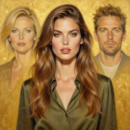 epic painting drawing, full figure portrait of beautiful supermodel wearing olive blouse, long wavy hair, photography by amy leibowitz, wlop, jeremy lipkin, beeple, intricate, symmetrical front portrait, artgerm, golden glowing background
