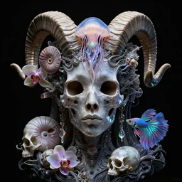 fully black background. background hex 000000. goddess princess face close-up portrait ram skull. made of dichroic obsidian. jellyfish phoenix head, nautilus, orchid, skull, betta fish, bioluminiscent creatures, intricate artwork by Tooth Wu and wlop and beeple. octane render, trending on artstation, greg rutkowski very coherent symmetrical artwork. cinematic, hyper realism, high detail, octane render, 8k