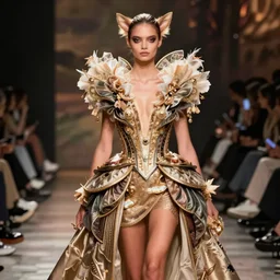 Chihuahua fashion model walks the runway in extravagant avant garde dress