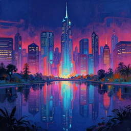a digital painting of a cyberpunk city at night surrounded by a glistening lake by stephan martiniere, artstation, deviantart, utopian art deco, saturated, hyper colorful