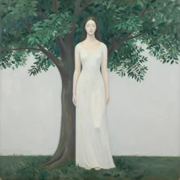 _ in _ these _ paintings _ we _ see _ a _ big and tall _ woman in a void space with a tree, 8 k, realistic, in the style of delacroix watercolor, edward hooper, medium shot, studio light, thick oil paint with brushstrokes of paint, impasto, bright, happy detailed,